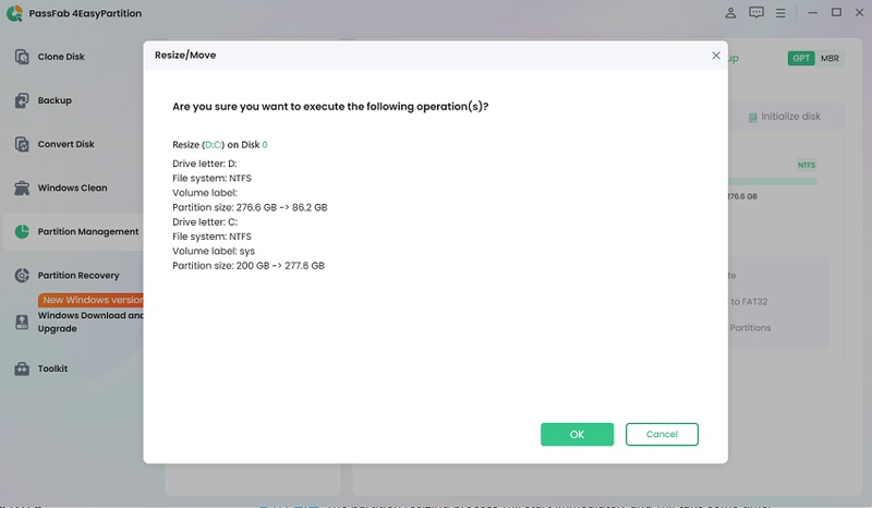 Click Ok to Resize Partition