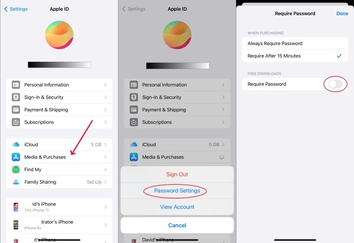 how to turn off require password for free apps on iphone