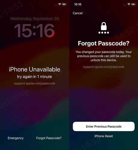 bypass support.apple.com/iphone/passcode with previous passcode