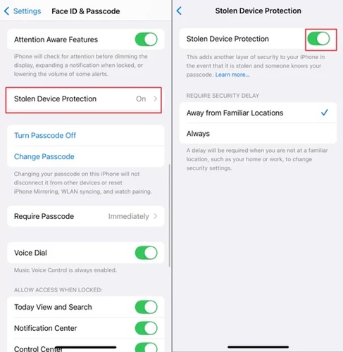 Turn Off Stolen Device Protection