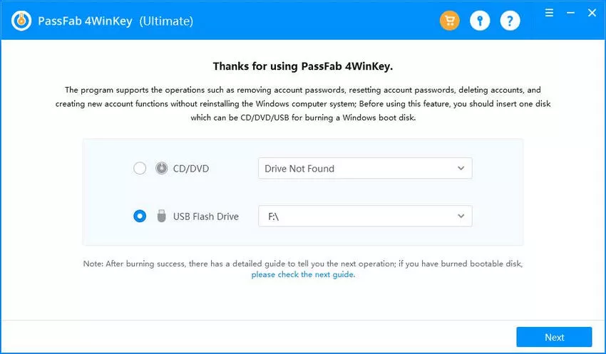 Insert usb to burn disk in passfab 4winkey