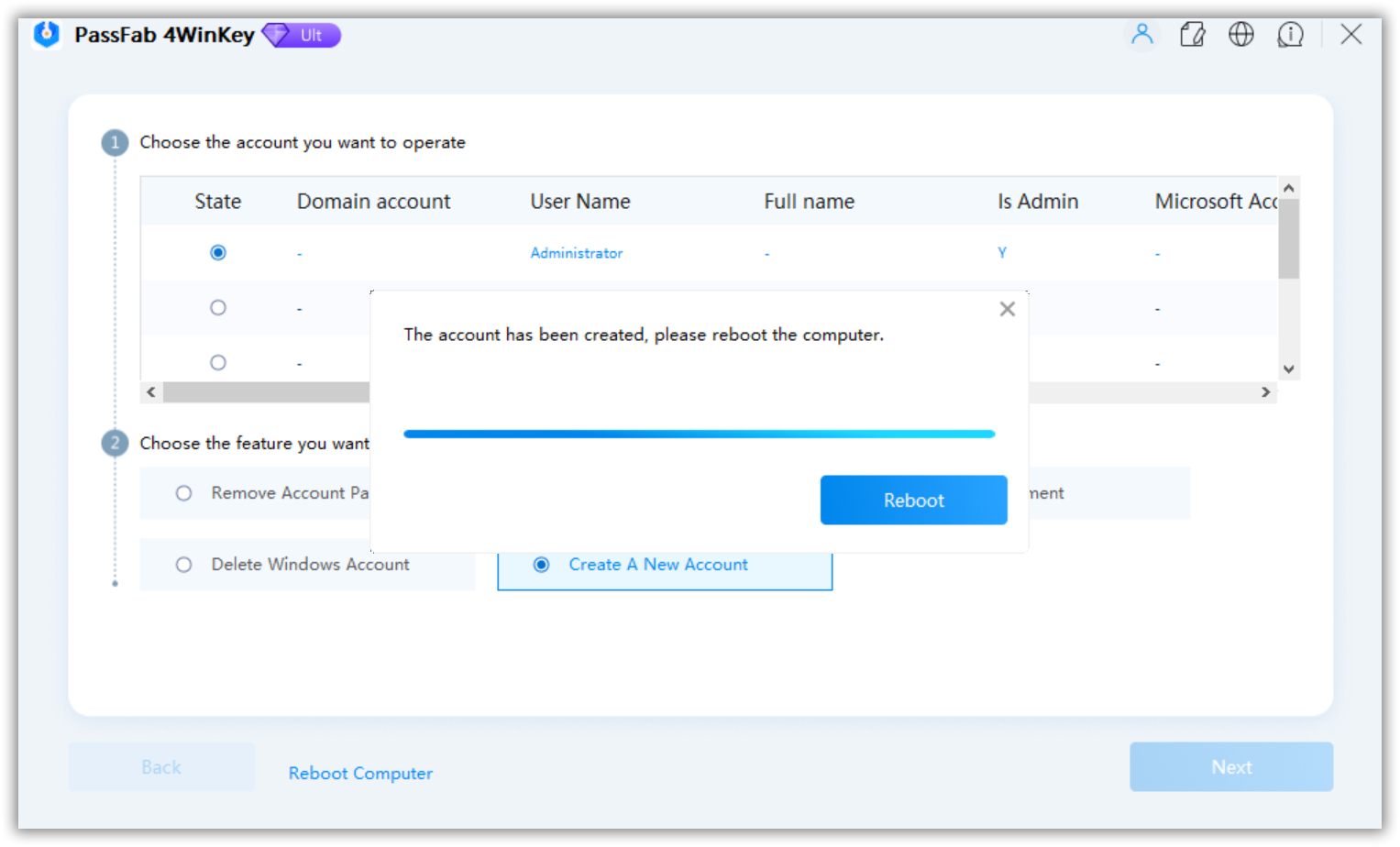 creazione nome utente e password riuscita in passfab 4winkey