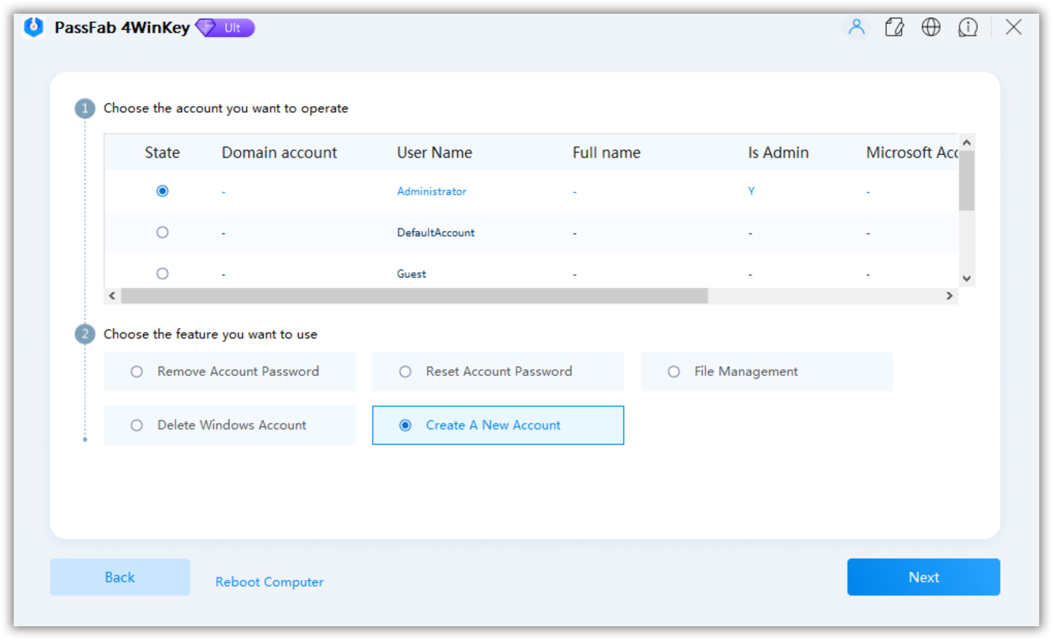 create a new account in passfab 4winkey