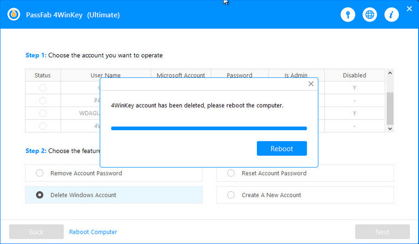delete windows account successfully via passfab 4winkey