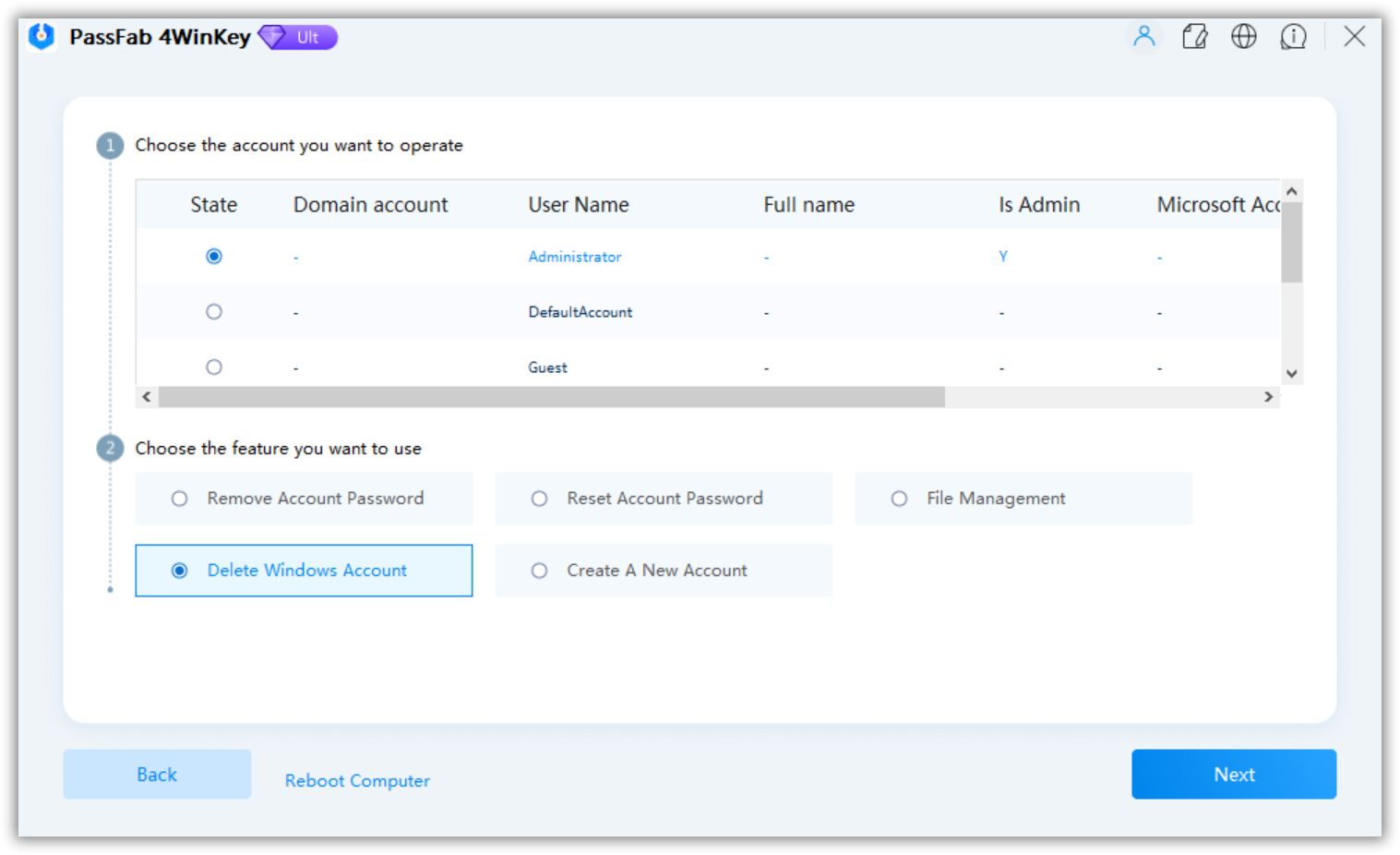 choose delete account passfab 4winkey guide