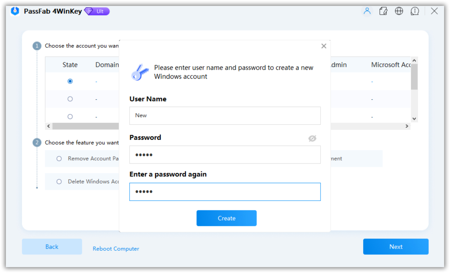 enter user name password via passfab 4winkey