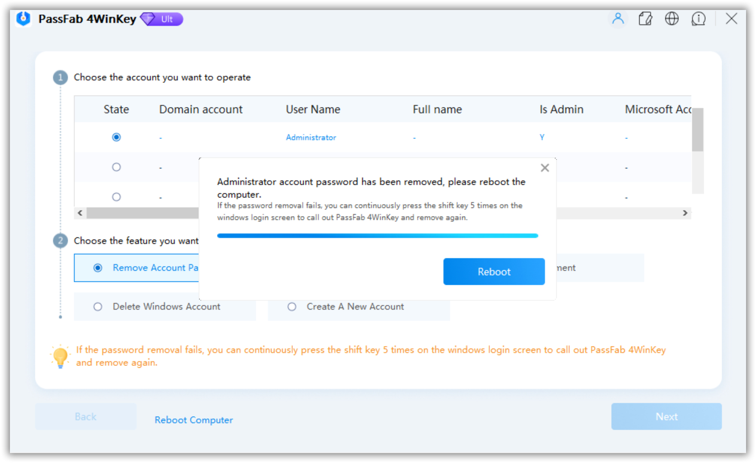 reboot the computer after removing password successfully