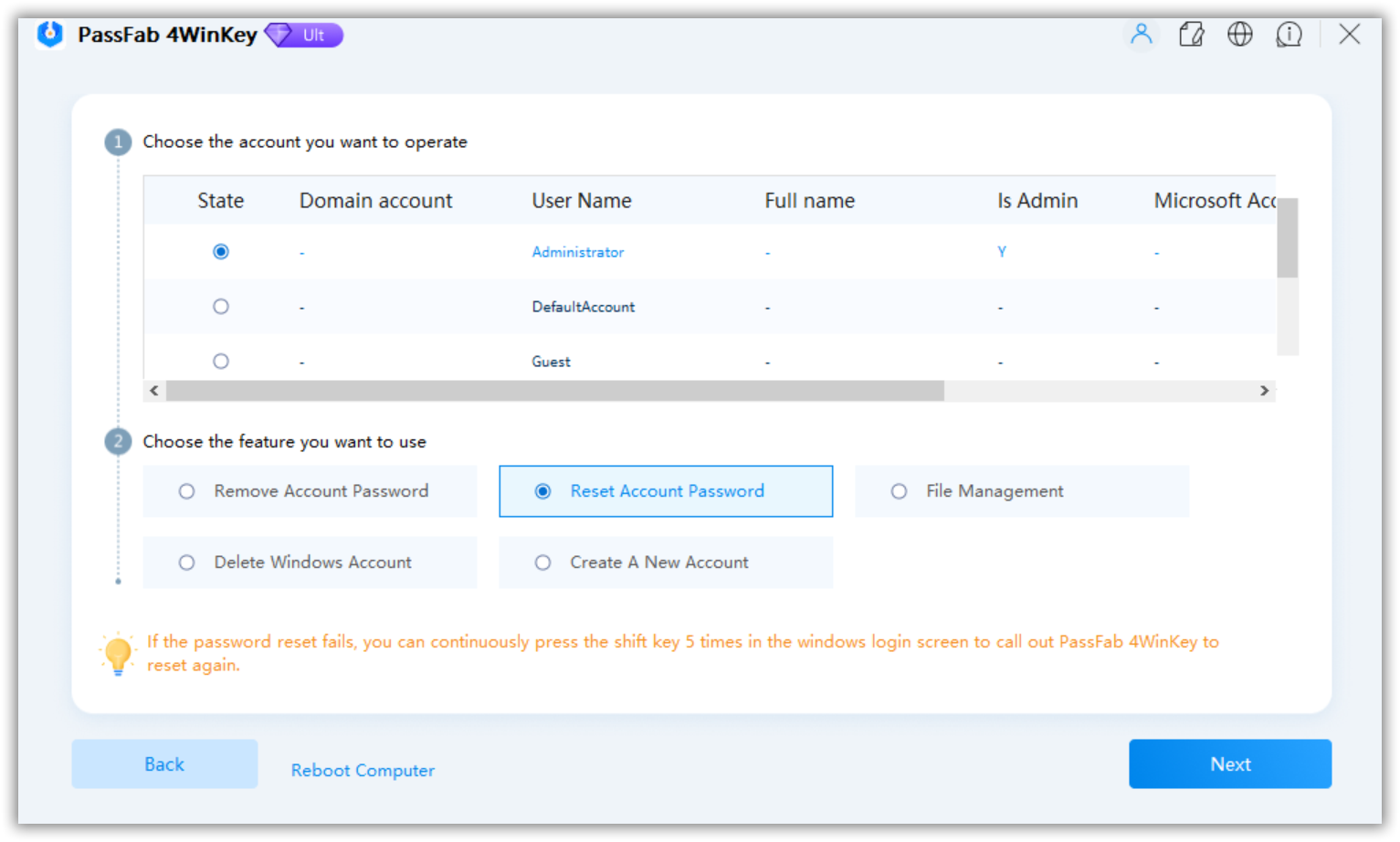 choose account and feature