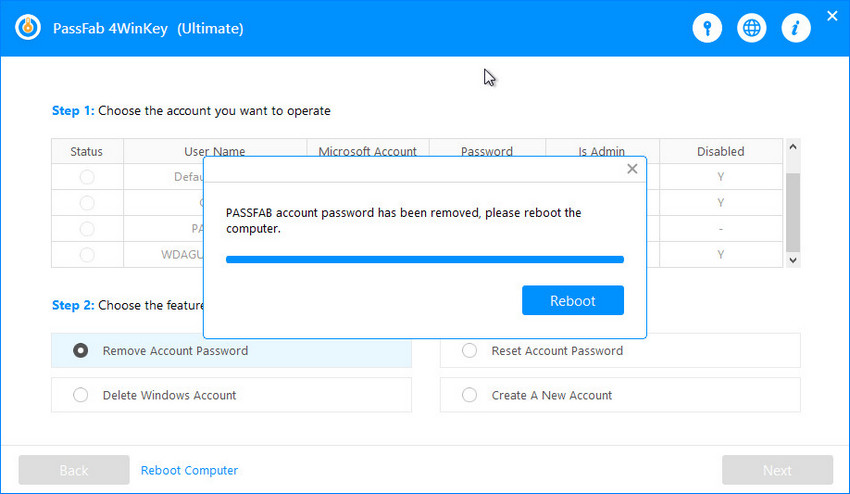 restart computer after removing password