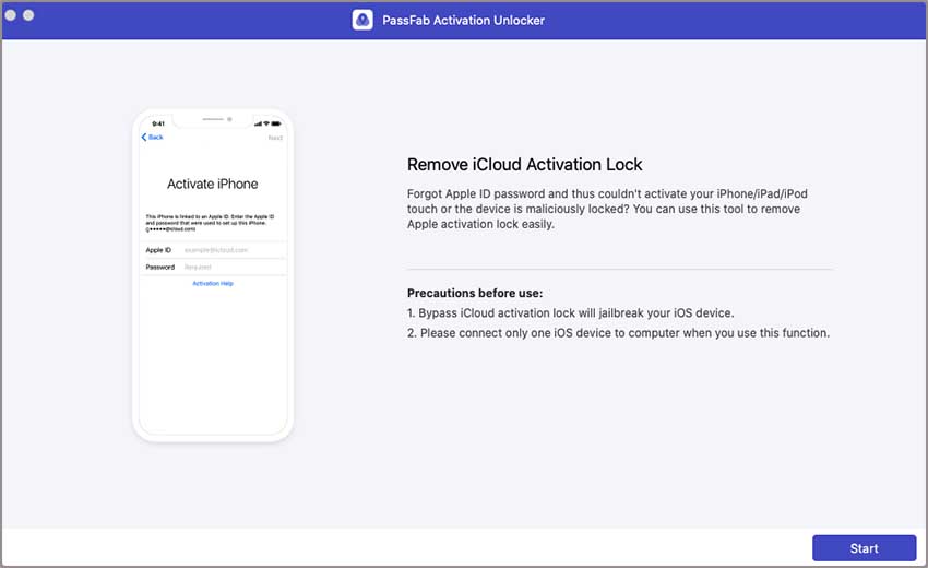 click start to unlock lost mode iphone via passfab activation unlocker