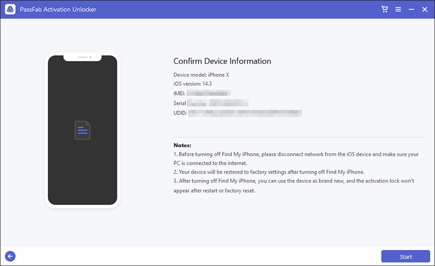 confirm your device information and click start to turn off find my