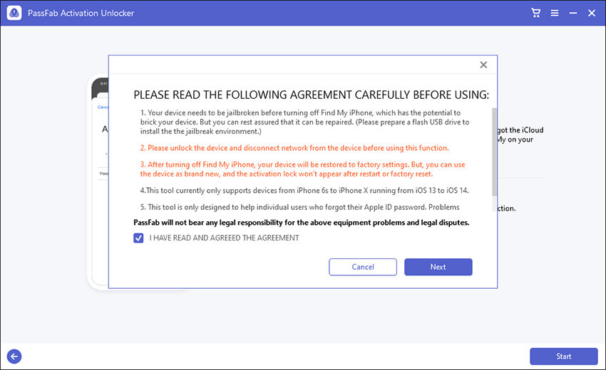 read turn off find my agreement and click next