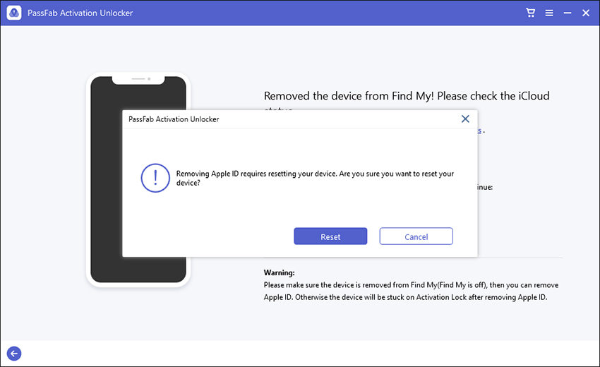 click reset to remove apple id from your device