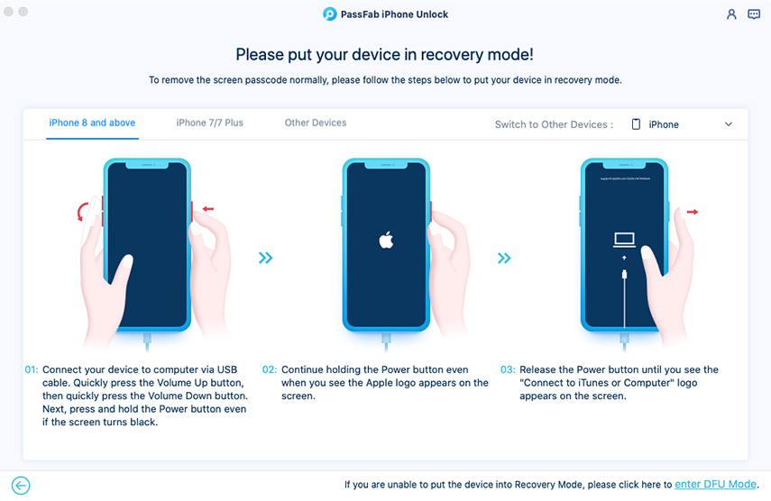 enter recovery mode in passfab iphone unlocker for mac
