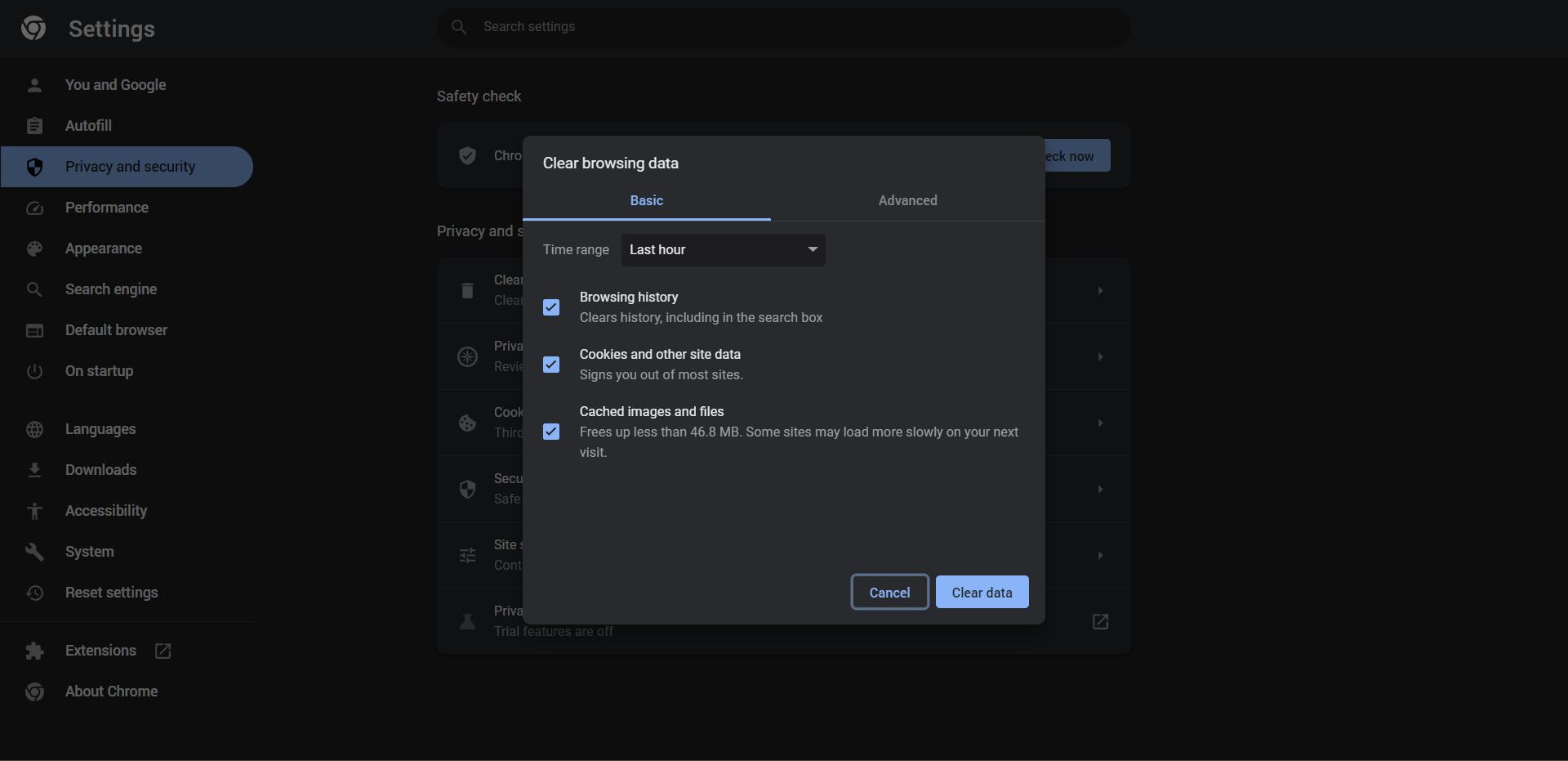  Clear Cache and Browsing History