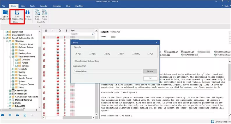 select format and destination to save recovered file