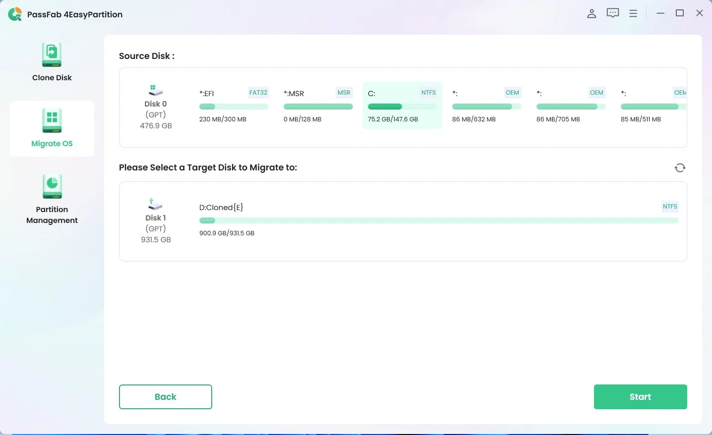 Choose the source disk and the target disk