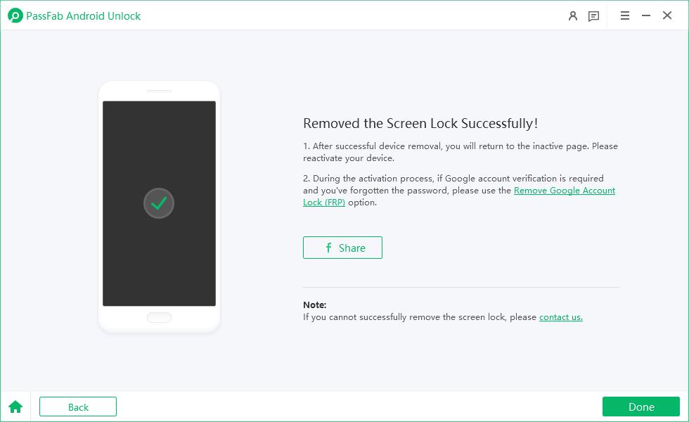 remove lock screen successful in passfab android unlocker