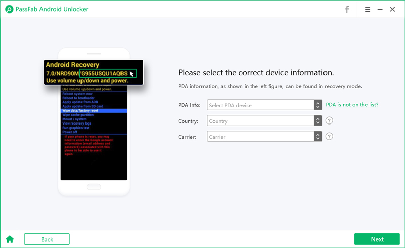 select samsung pda info in PassFab Android Unlock