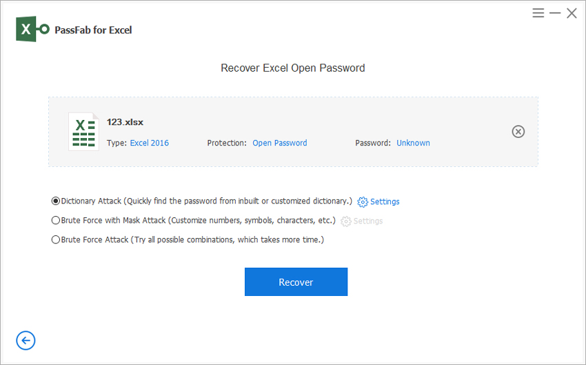 dictionary attack in passfab for excel