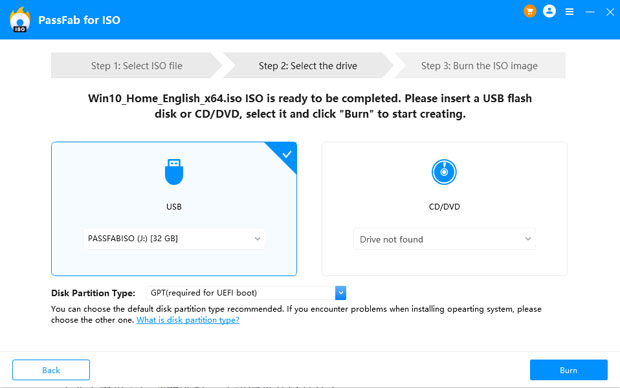 在 passfab 中為 iso 選擇 usb