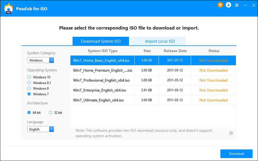scegli iso di windows 7 in passfab per iso