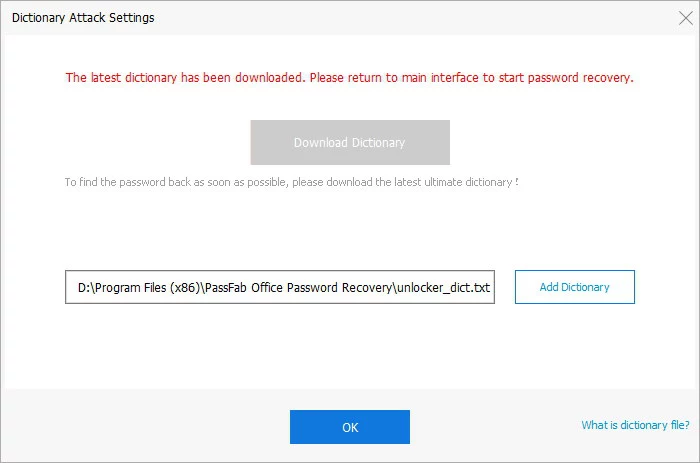 dictionary attack setting in passfab for office