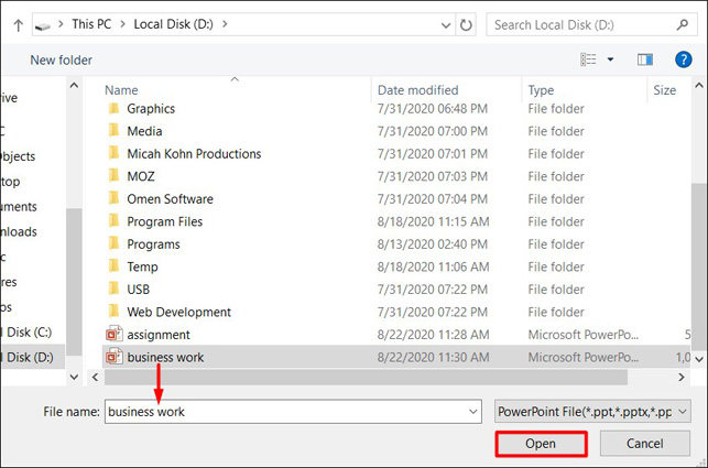 click open to select corrupted file
