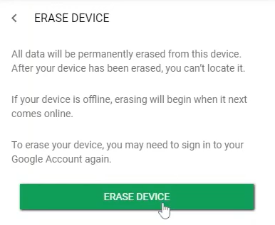 erase device using google find my device