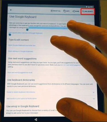 hold any text to select it and tap web search