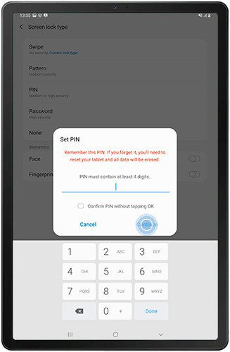 pin lock galaxy tab a