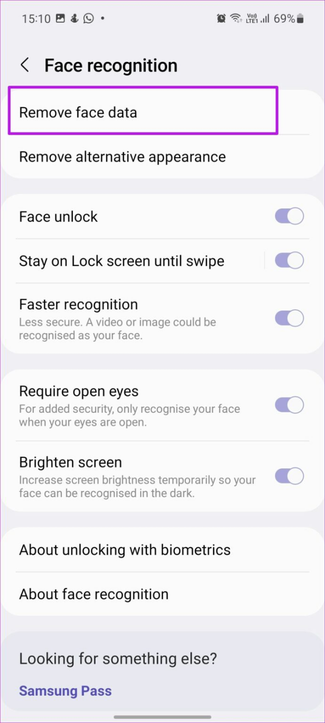 samsung remove face data