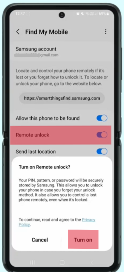 samsung turn on remote unlock 