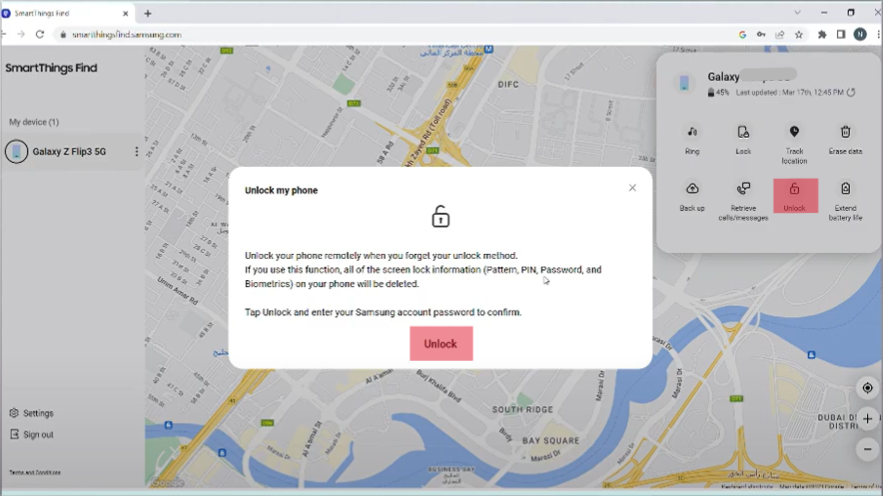 unlock samsung with smartthings find