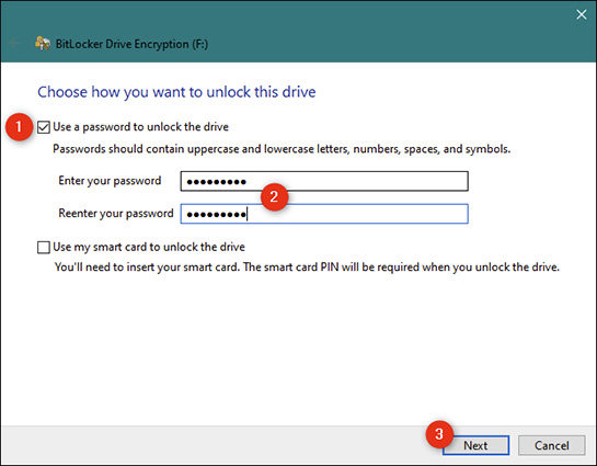 use password or smart card to encrypt the drive