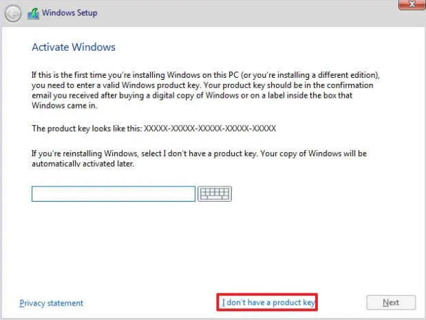 choose I dont have a product key