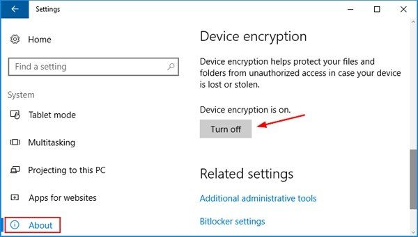 disable bitlocker in settings
