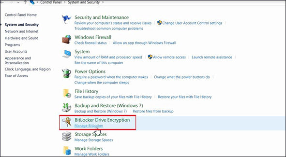 manage bitlocker in control panel