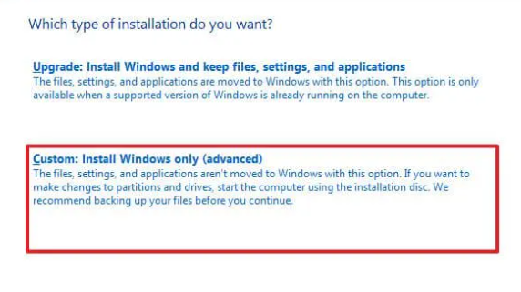select custom installation