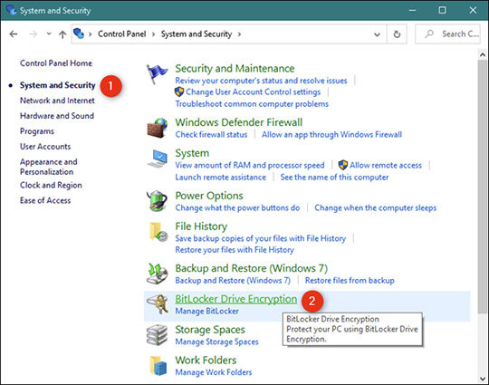 turn on bitlocker via control panel