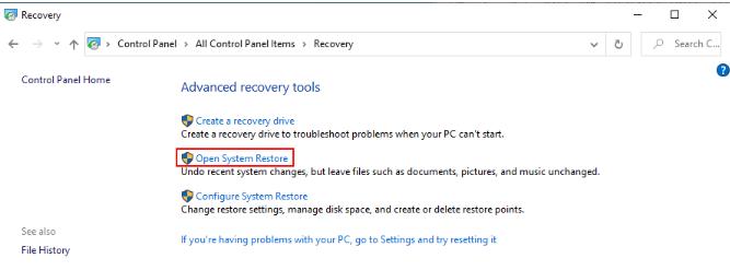 click the open system restore link