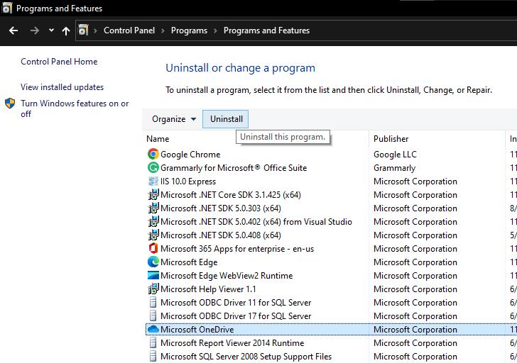 click uninstall button