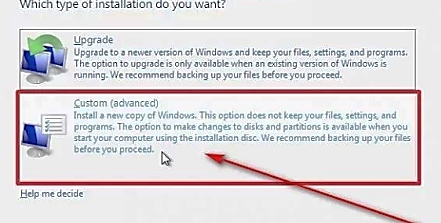 choose custom in windows installation