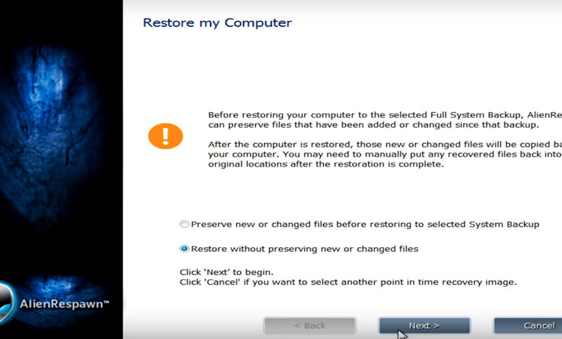 restore without preserving new or changed files