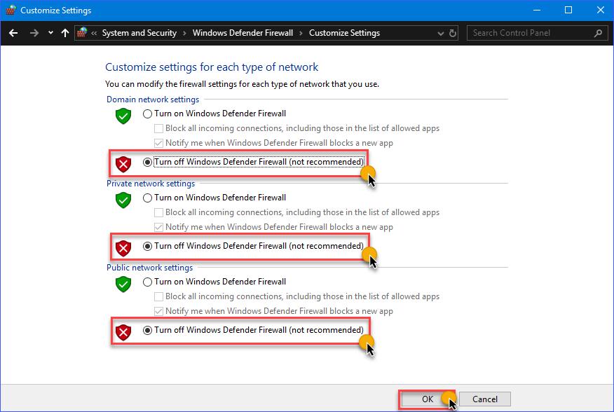 Turn off Windows Defender Firewall