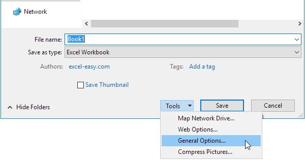 choose general options to use read only mode to fix excel unreadable content
