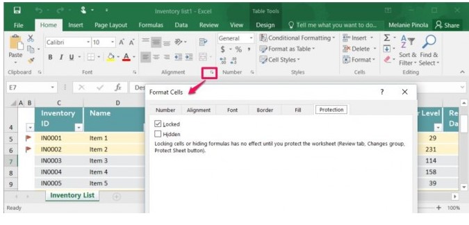تبويب حماية تنسيق الخلايا