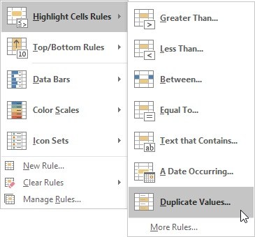 click highlight cells rules duplicate values