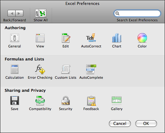 نافذة تفضيلات microsoft excel لجهاز mac