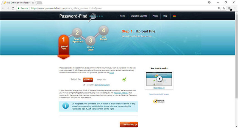 online excel password crack step 1